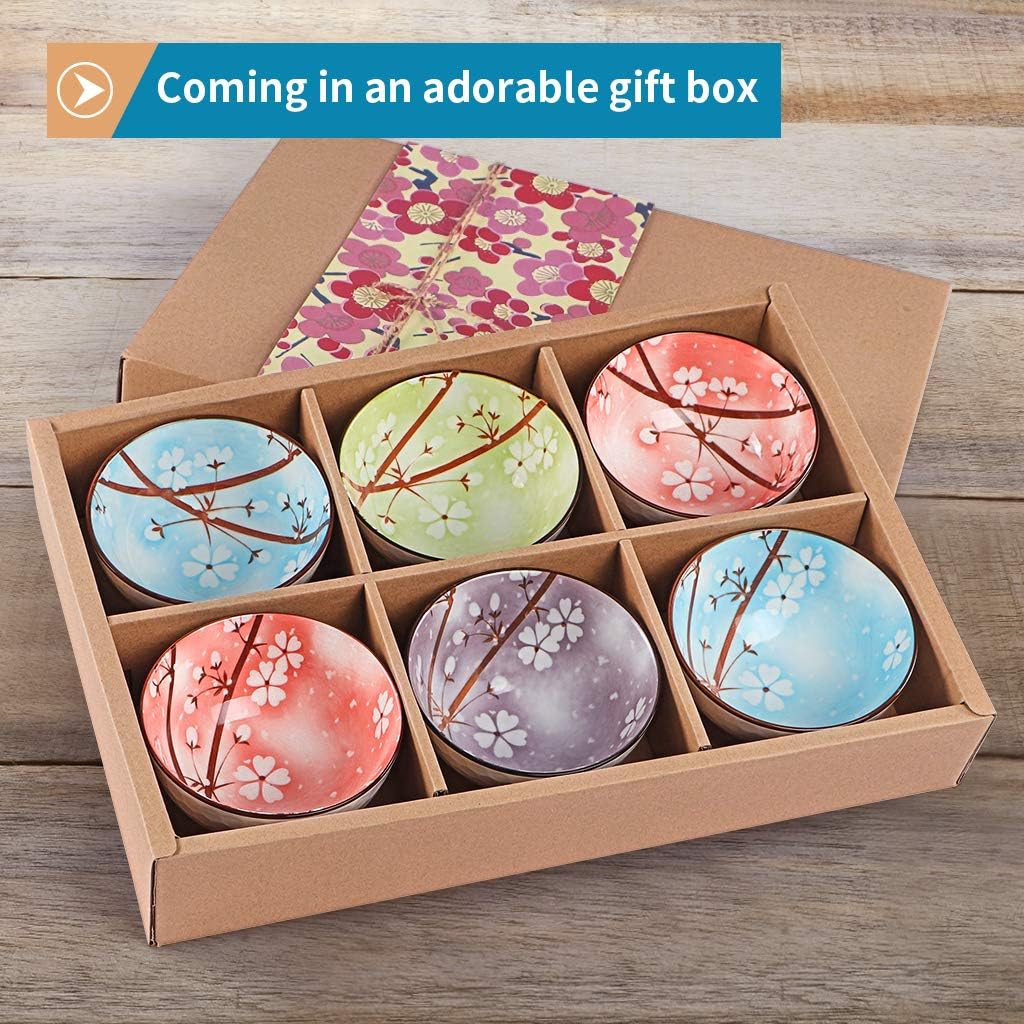 Ceramic Rice Bowls 10 oz, Sakura Bowl Gift Set, Assorted Color Dinnerware Serving Bowls for Rice, Cereal, Noodle, Soup, Desserts, Pack of 6 (Cherry Blossom)