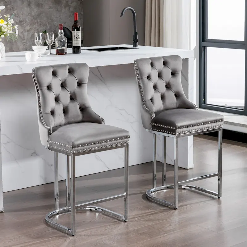 Contemporary Set of 2 Bar Stools with Button-Tufted Back and Studded Trim, Chrome Metal Base - Ideal for Dining Room, Living Room, and Bedroom