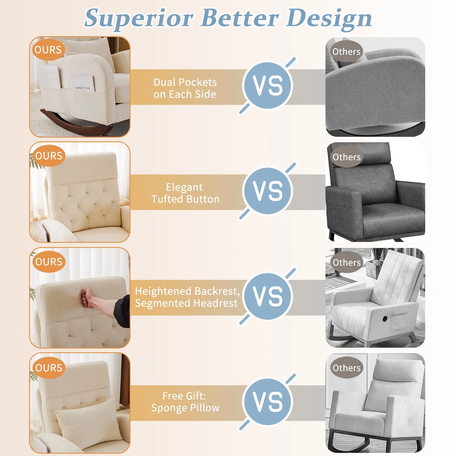 Ktaxon Rocking Accent Chair Glider Reading Chair Comfy Teddy Velvet Upholstered Single Sofa Rocker for Living Room, Nursery, Bedroom Beige - Image 29