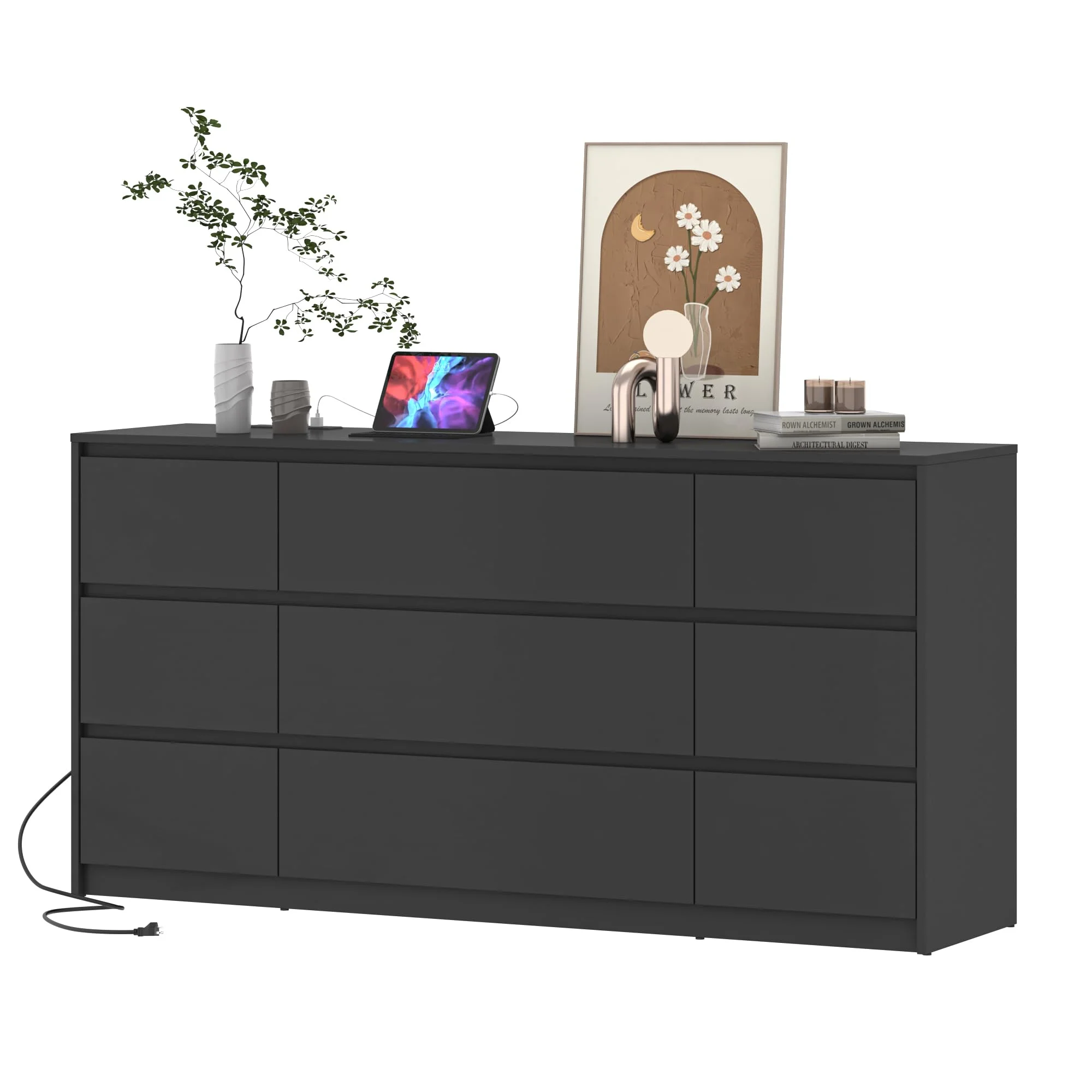 ChVans Black 9 Drawers Dresser with Charging Station, 63" Long Modern Dresser with 9 Drawers for Bedroom, Large Wood Chest of Drawers Handle Free, Dresser for Bedroom, Living Room, Hallway - Image 13