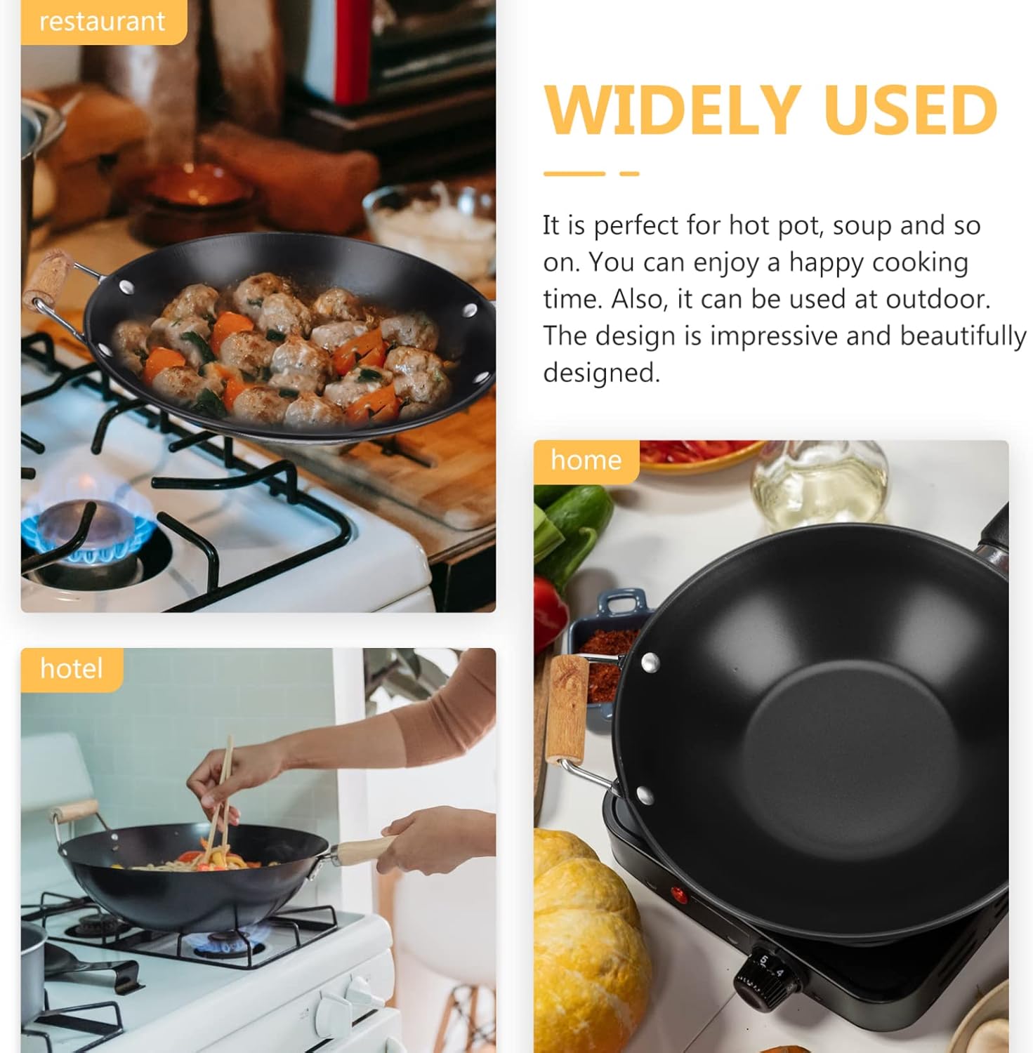 DOITOOL Japanese Shabu Pot Carbon Steel Wok Pan Stir Fry Pans with Wooden Handle Stainless Steel Pot Kitchen Cookware 9 X 11 Inch Japanese Soup Pots