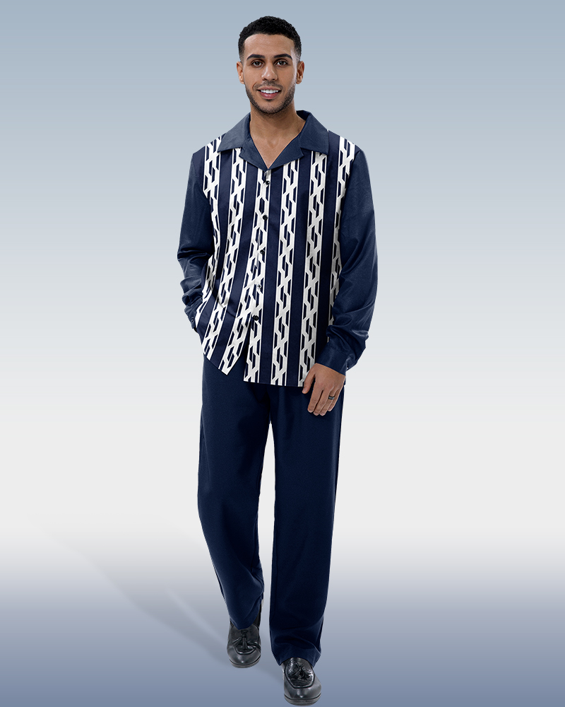 Navy Blue Casual Long Sleeve Shirt Walking Suit