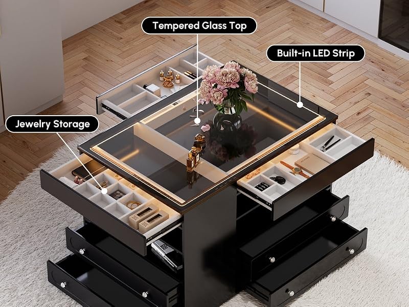 47" Walk-in Closet Vanity Island with LED Light, Jewelry Drawer Organizer, Glass Top