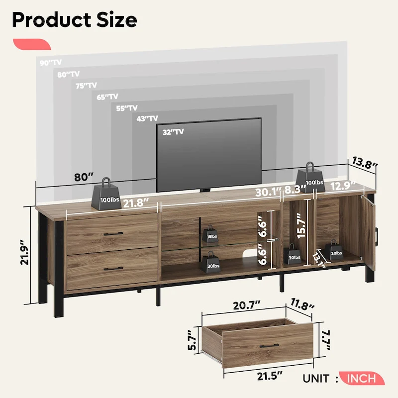 Contemporary 80-Inch TV Stand for 75/80/85 Inch TVs with 2 Drawers