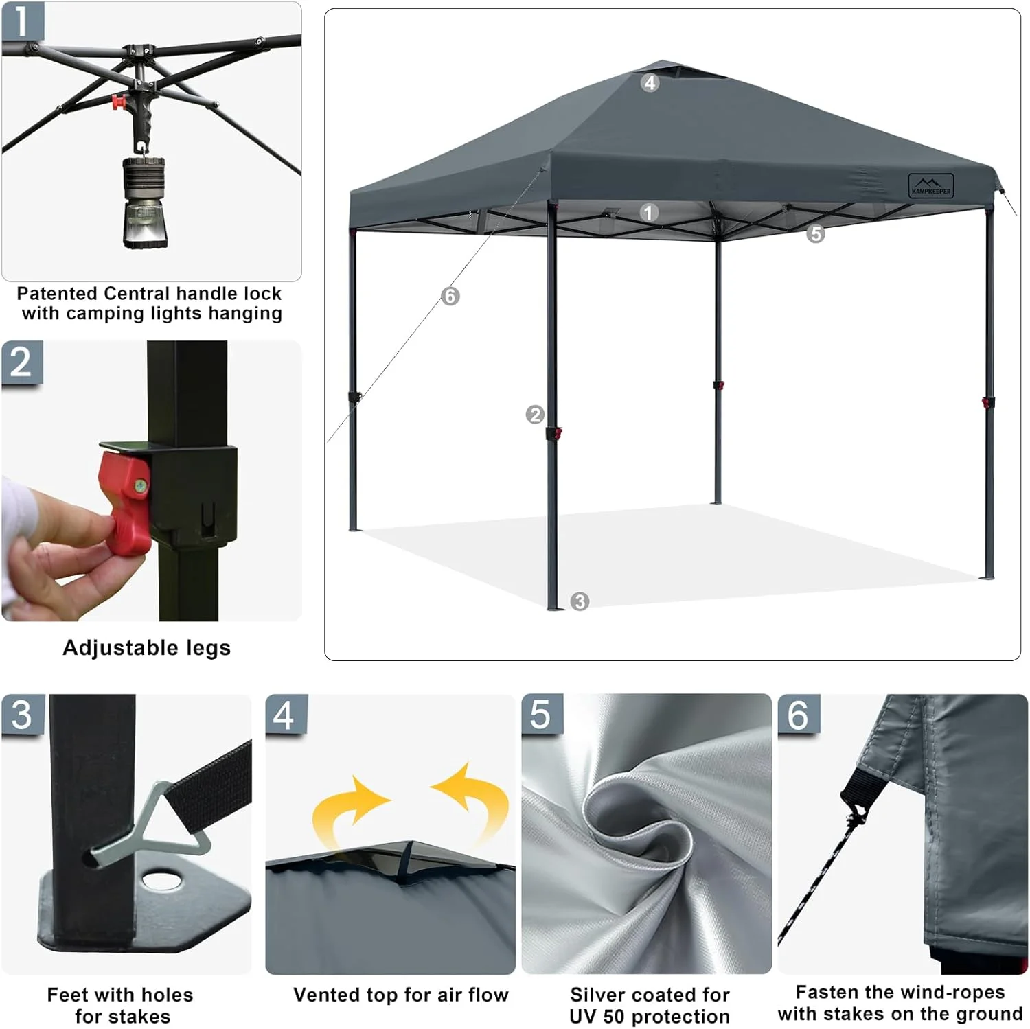 KAMPKEEPER One Person Setup 10x10 Pop up Canopy Tent, Instant Portable Canopy, One Push Outdoor Canopy with 3 Adjustable Heights, Wheeled Carry Bag, Bonus 8 Stakes and 4 Ropes(Dark Grey) - Image 5