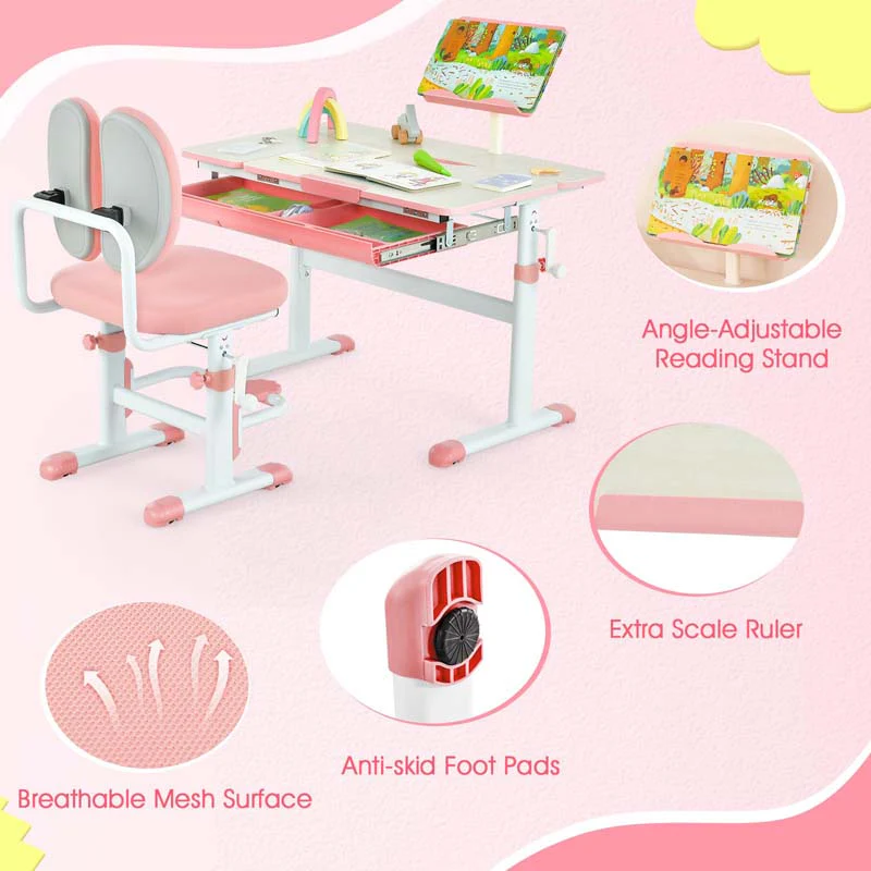 Eletriclife Height Adjustable Kids Study Desk Chair Set with Tilt Desktop