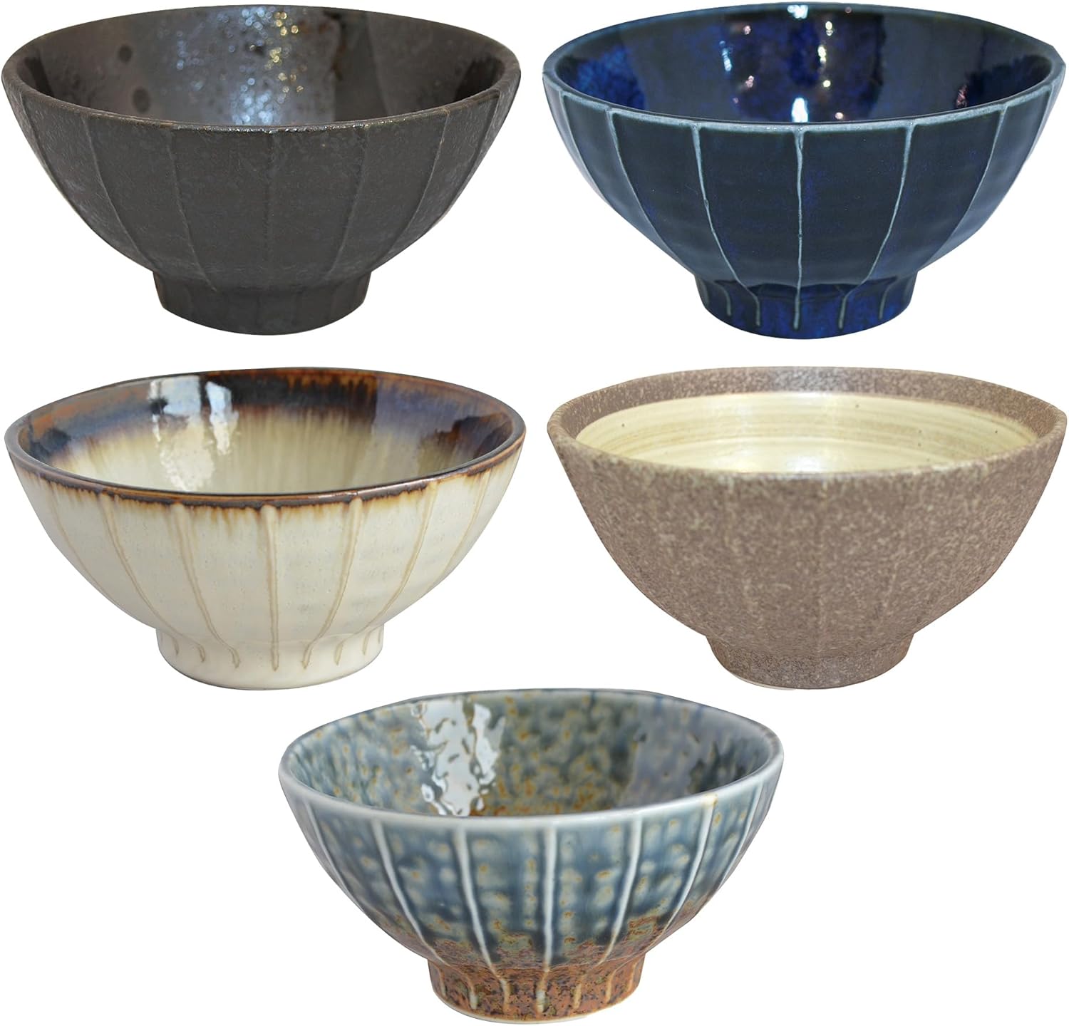 Set of 5 Japanese Ceramic Striped Ichichin Rice Bowls, Deep Soup & Eating Bowls with Distinctive Three-Dimensional Lines,Convenient, Stackable, for Cooking Prep & Serving (Blue and White)
