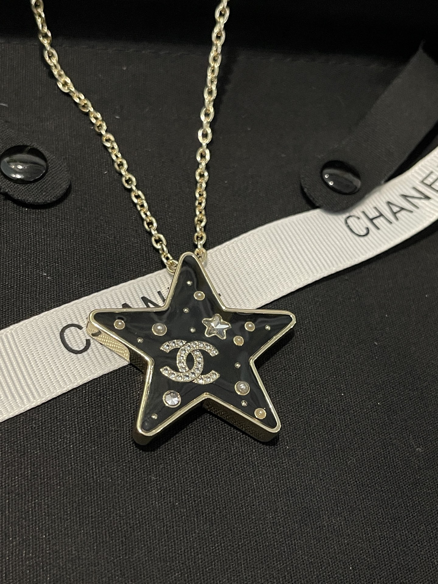 Chanel Diamond Paved Black Enamel Star Pendant Necklace - Original Replica Club