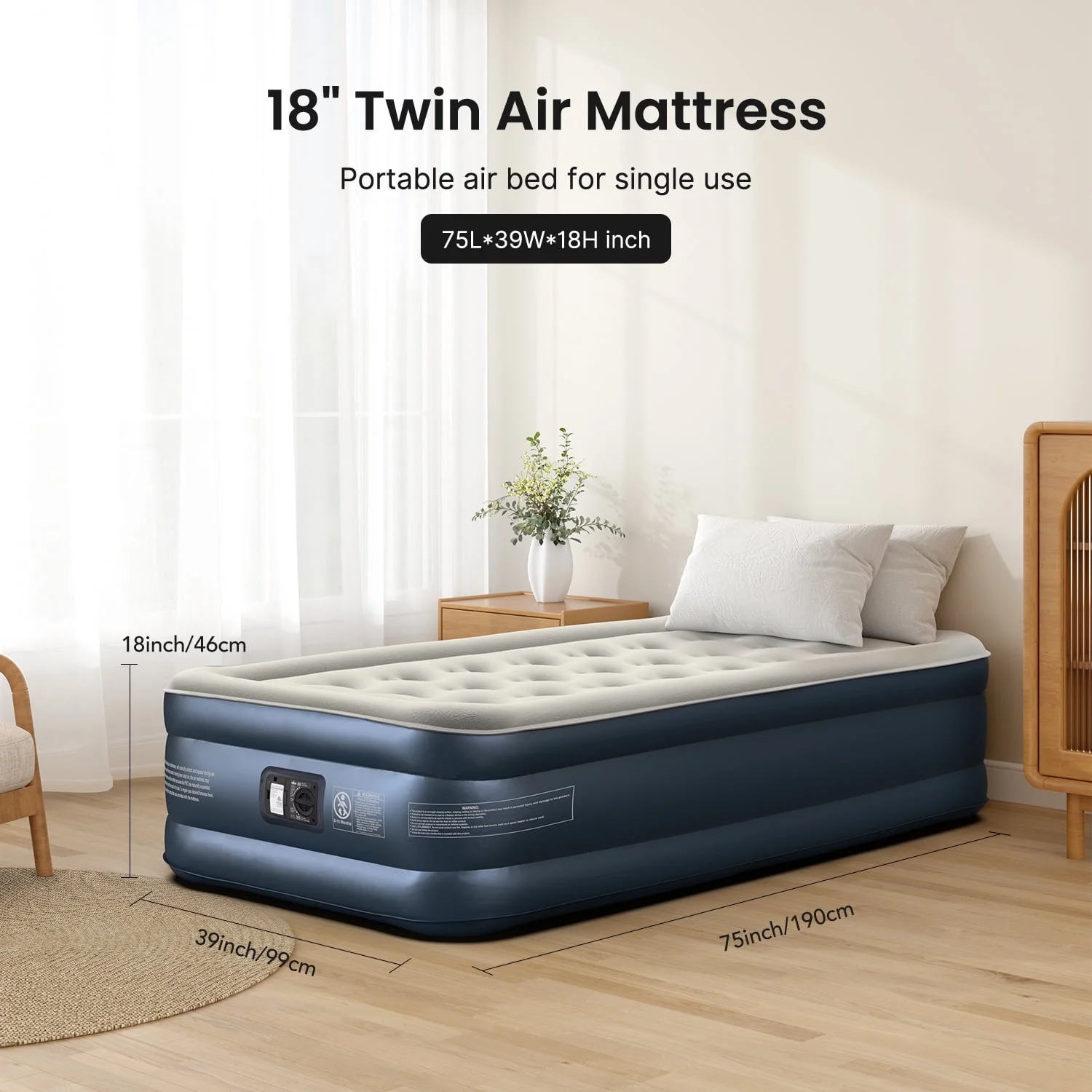 Mattress, Inflatable Airbed with Built-in Pump for Guest Home Camping Travel, 550lb Max, (Twin Size 18") - Image 3