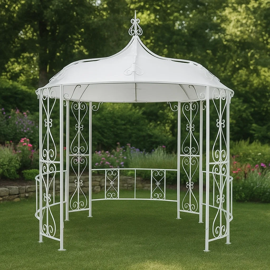 Cenador y quiosco con estructura redonda y techo de poliéster - Blanco - Acero - Exterior - 300×300×305 cm - AhxlgHfMDXxF
