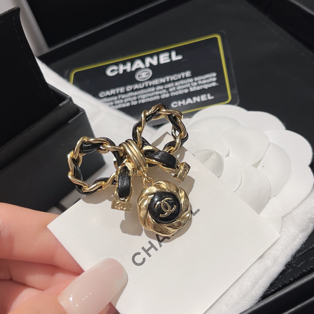 Chanel Black Leather Wrap Gold Bow Brooch - Original Replica Club