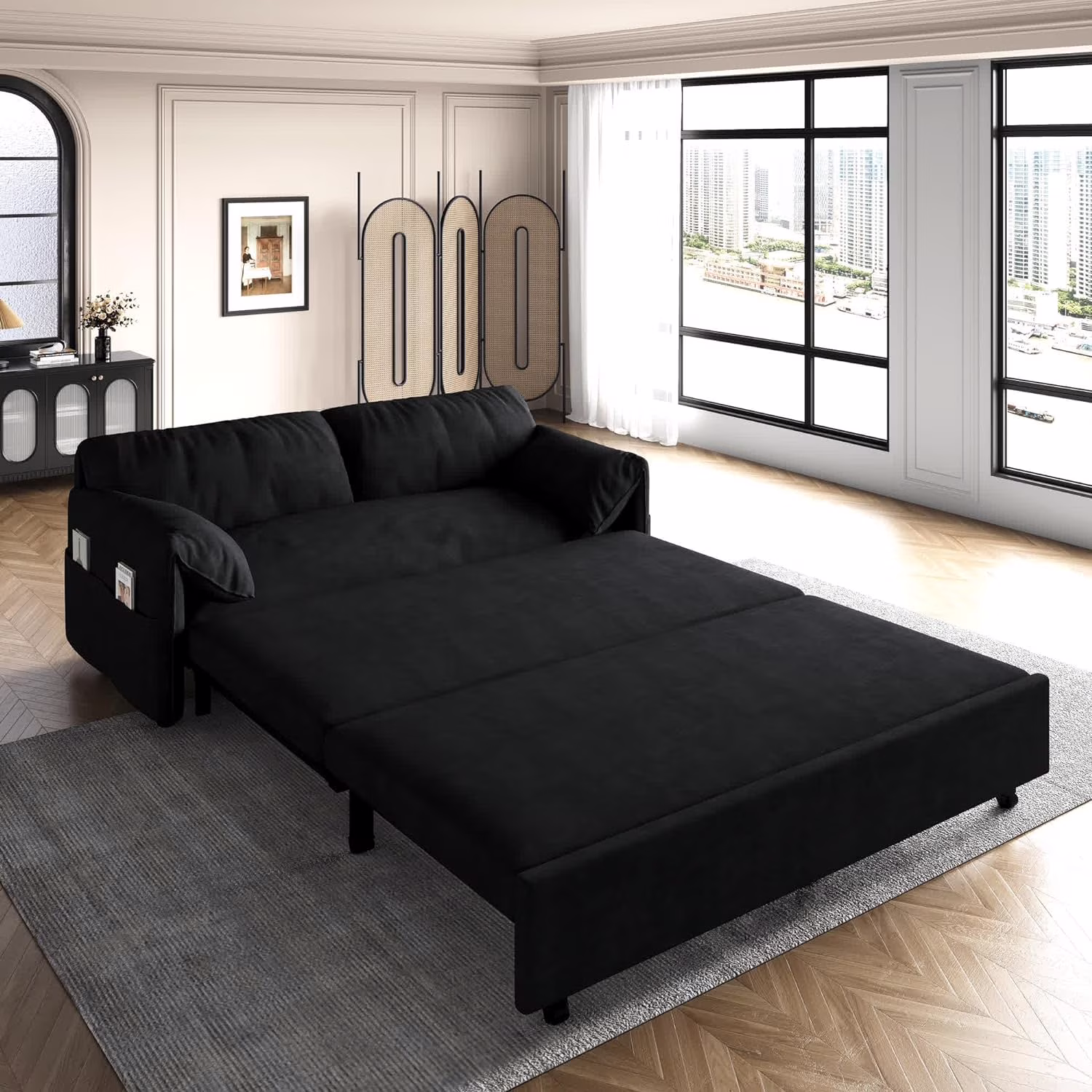 Tabaray 63.8" Futon Sofa Bed Queen Size, Pull Out Bed, 3-in-1 Convertible Sleeper Sofa with Side Pocket, Modern Plush Velvet Futon Couch for Living Room, Small Space, Apartment, Bedroom, Black - Image 2