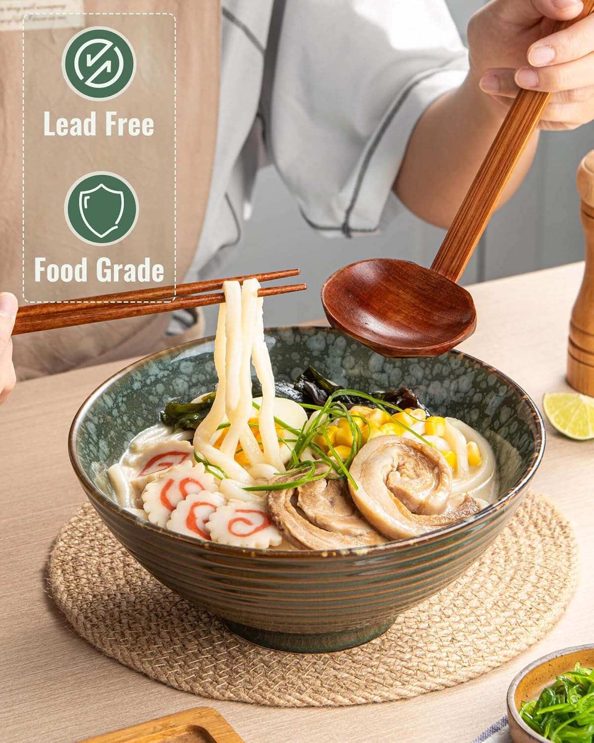 8 Inch 40oz Large Japanese Ramen Bowl Set of 2,Material Safety Ceramic Ramen Bowls with Matching Chopsticks and Spoons, Pho Bowls Ramen Noodle Bowl for Asian Udon Soup Salad Cereal(Green)