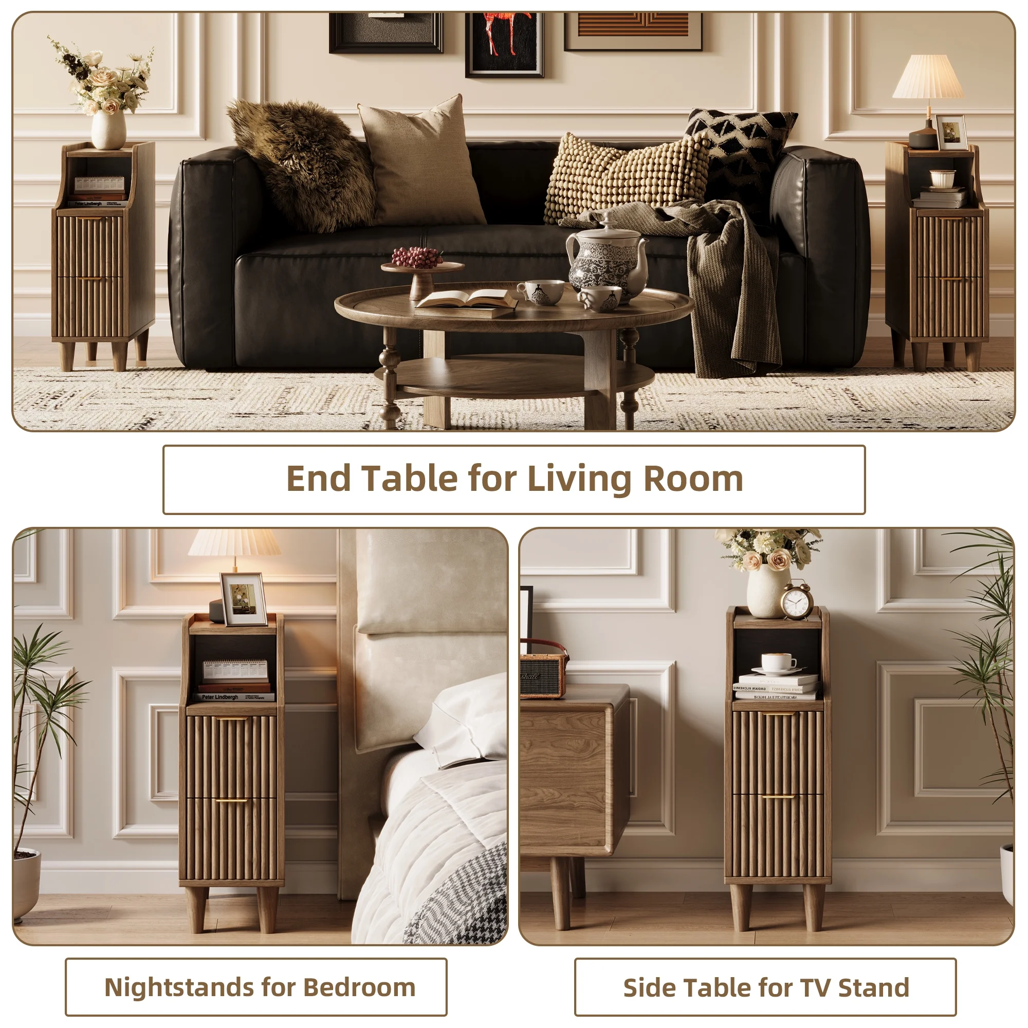 UGTOO 24.4"Tall Walnut Finish 2PC Bedside Table Set with 2 Large Drawers & Top Storage Space Open Shelf, Sturdy Wood Legs, Vintage Cabinet Nightstand for Bedroom with Metal Handle - Image 7
