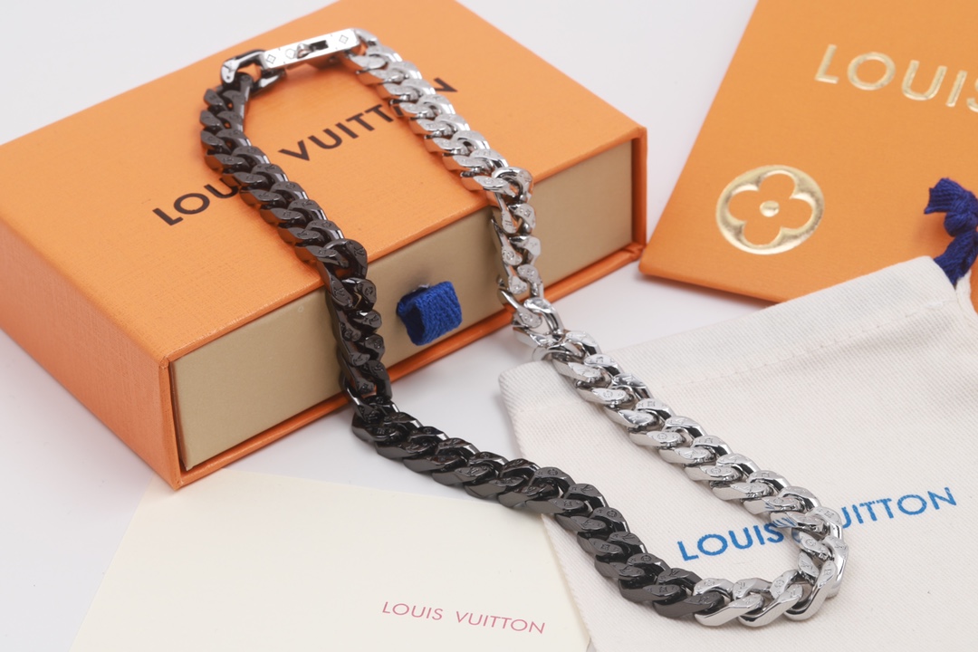Louis Vuitton Half Black Half Silver Cuban Monogram Necklace - Original Replica Club