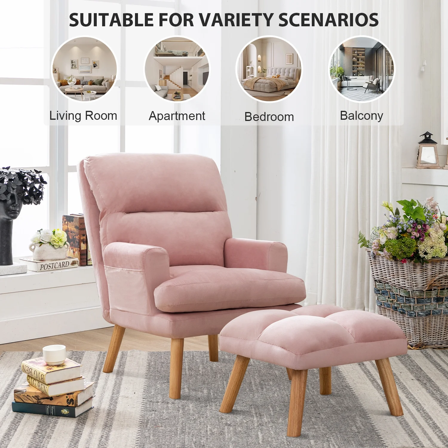 Bestier Adjustable Accent Chairs with Ottoman, Velvet Fabric Armchair for Bedroom Living Room, Comfy Lounge Chair with Padded Backrest and Side Pocket, Soft Reading Chair, Beige - Image 8