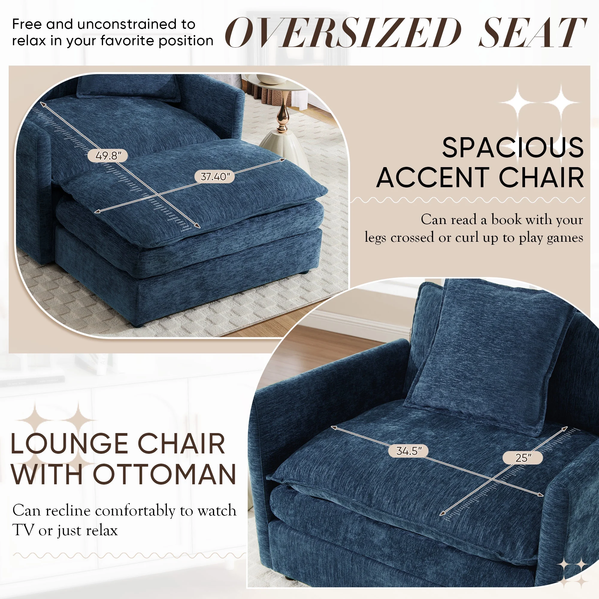 Muumblus Oversized Lounge Chair with Ottoman, Cloud Accent Armchair for Living Room, Beige Chenille - Image 36