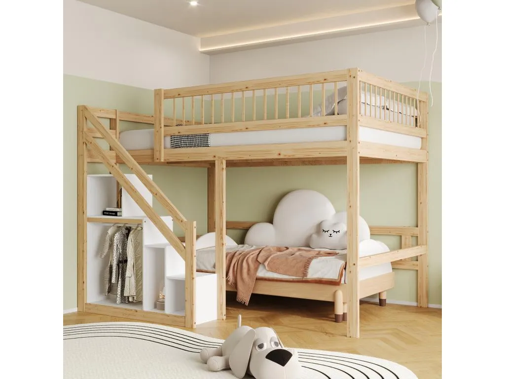 Cama alta 140x200 cm con armario - Decocasaes maciza MDF - Natural y blanco (sin colchón) bbrk63224