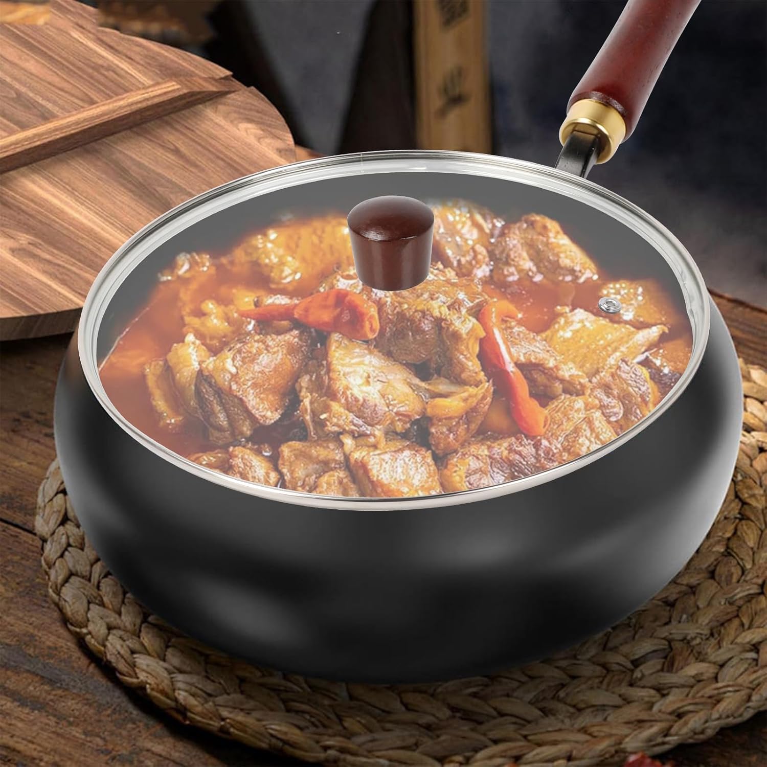 Suntuup Japanese Iron Pan, 11.02 Inch Uncoated Thick Iron Pot Hand-Forged Non-Stick Flat Bottom Pan with Glass Lid and Shovel for Induction, Electric, Gas