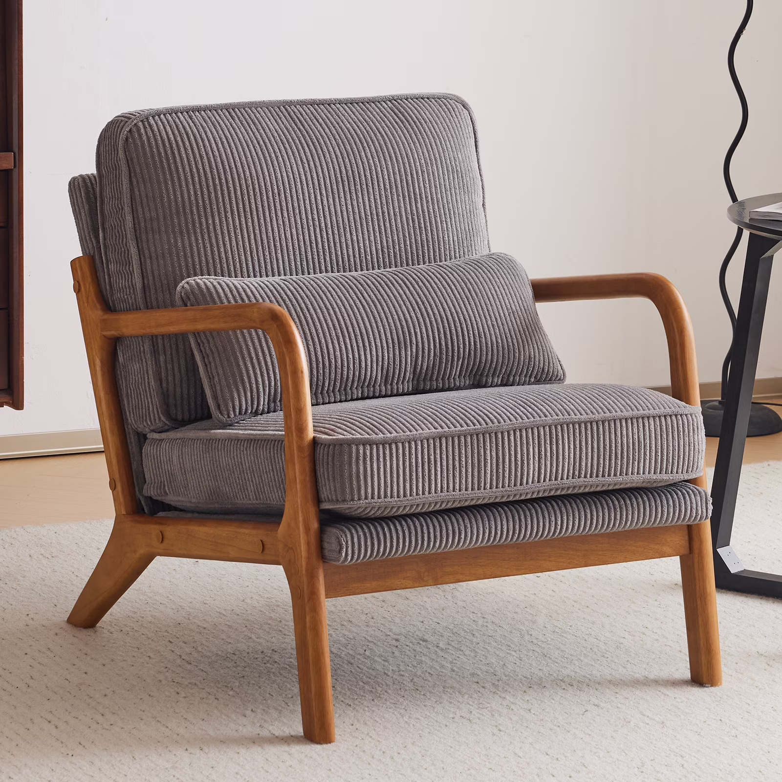 Ktaxon Accent Chair Corduroy Upholstered Armchair, Reading Club Chair with Pillow and Solid Wood Frame for Living Room Bedroom Furniture Off White - Image 15