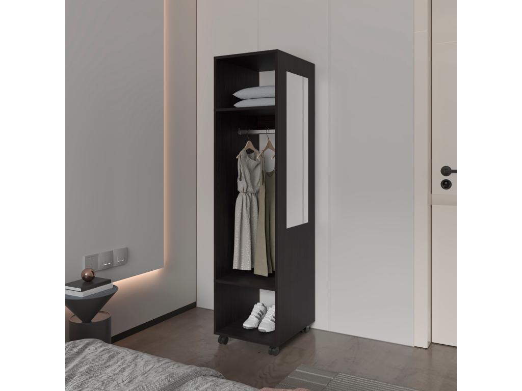 Armario Kronospan en melamina , tres estantes , barra para colgar ropa y espejo incluido , Negro , 160 cm X 40 cm X 48 cm