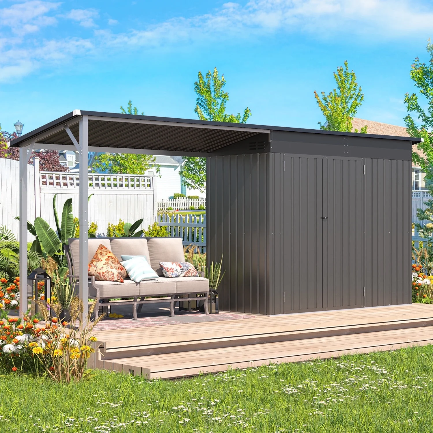 YODOLLA Outdoor Open-Sided Storage Shed, 3x5 Sheds & Outdoor Storage with 15 Sq. Ft Covered, 5x3 Small 2-in-1 Tool Shed with Attached Hardtop Metal Pergola Gazebo - Image 15
