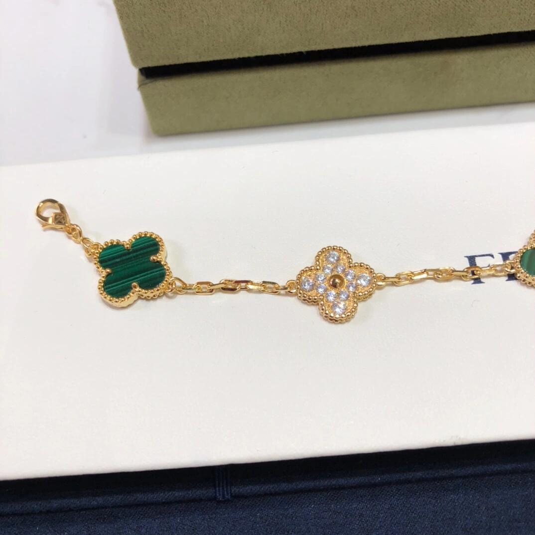 VCA Diamond and Malachite Vintage Alhambra Bracelet in Gol-tone, 5 Motifs - Original Replica Club
