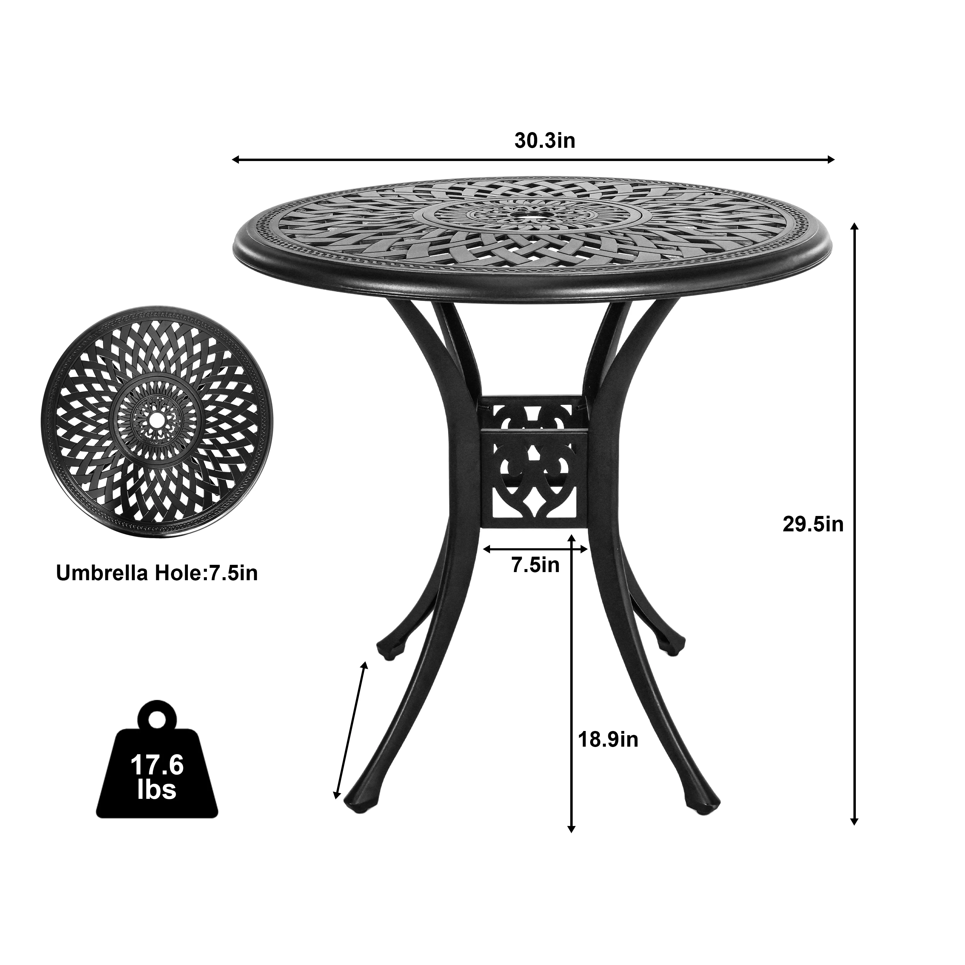 30.3 Inch Round Patio Table Cast Aluminum Patio Table,Metal Patio Dining Table with Umbrella Hole,All Weather Outdoor Bistro Dining Table for Backyard, Garden, Balcony, Black - Image 4