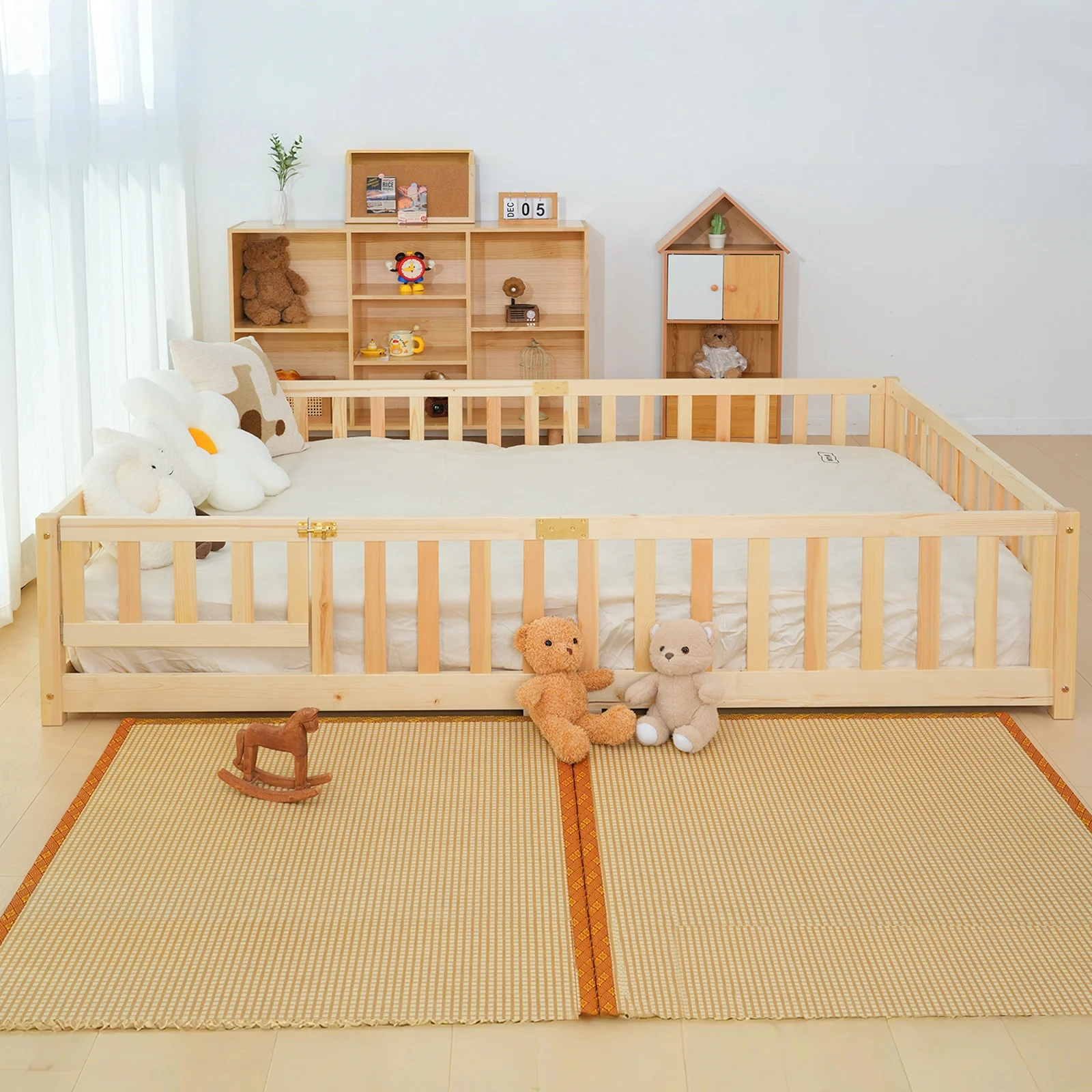 Slsy Twin Size Toddler Floor Bed, Solid Wood Montessori Bed Frame with Fence & Door Montessori Floor Bed Crib with Safety Guardrails for Girls and Boys - Image 22