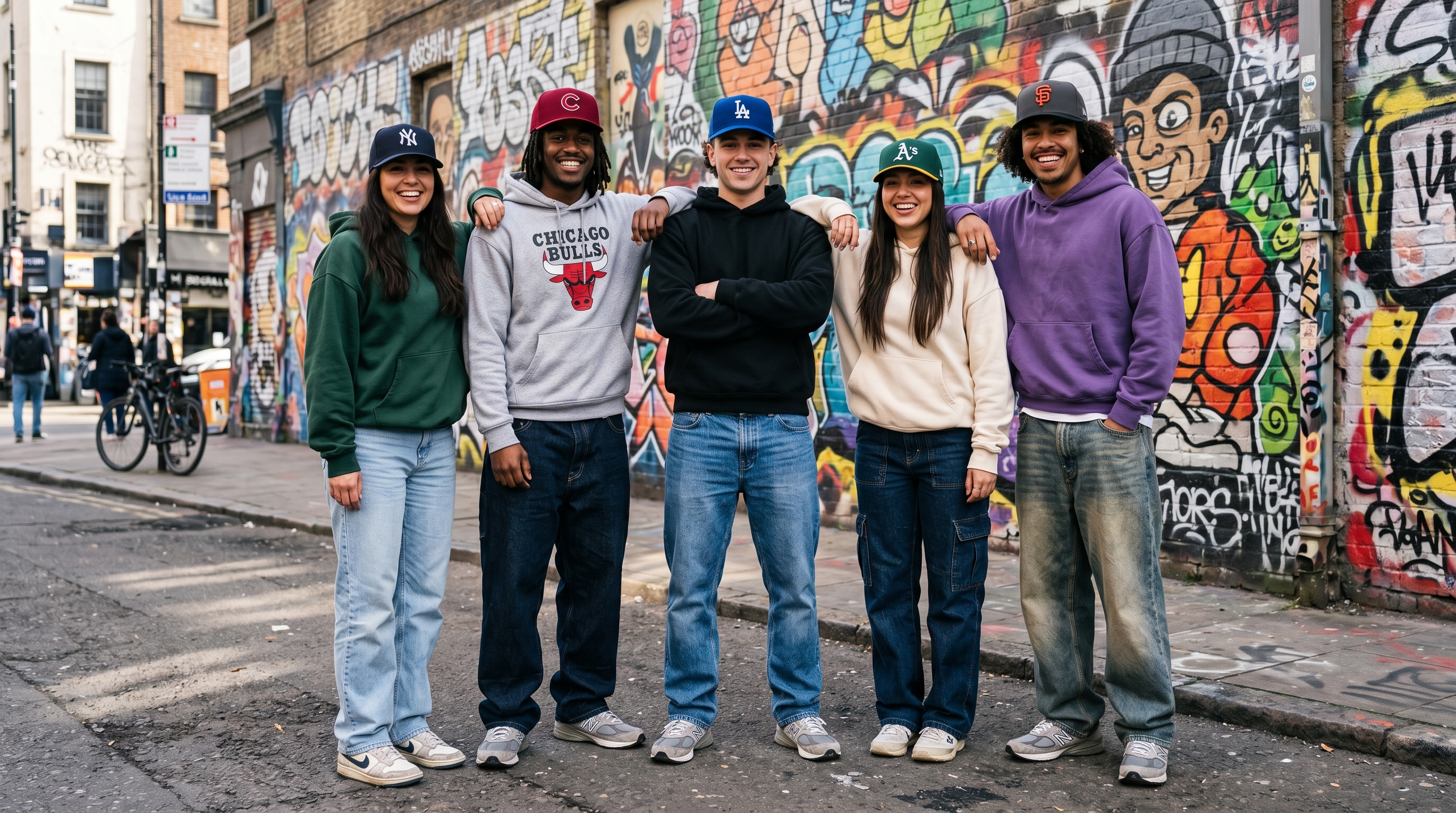 Diverse Gen Z youth showcasing streetwear fashion and trending MLB fitted hats in front of a graffiti wall