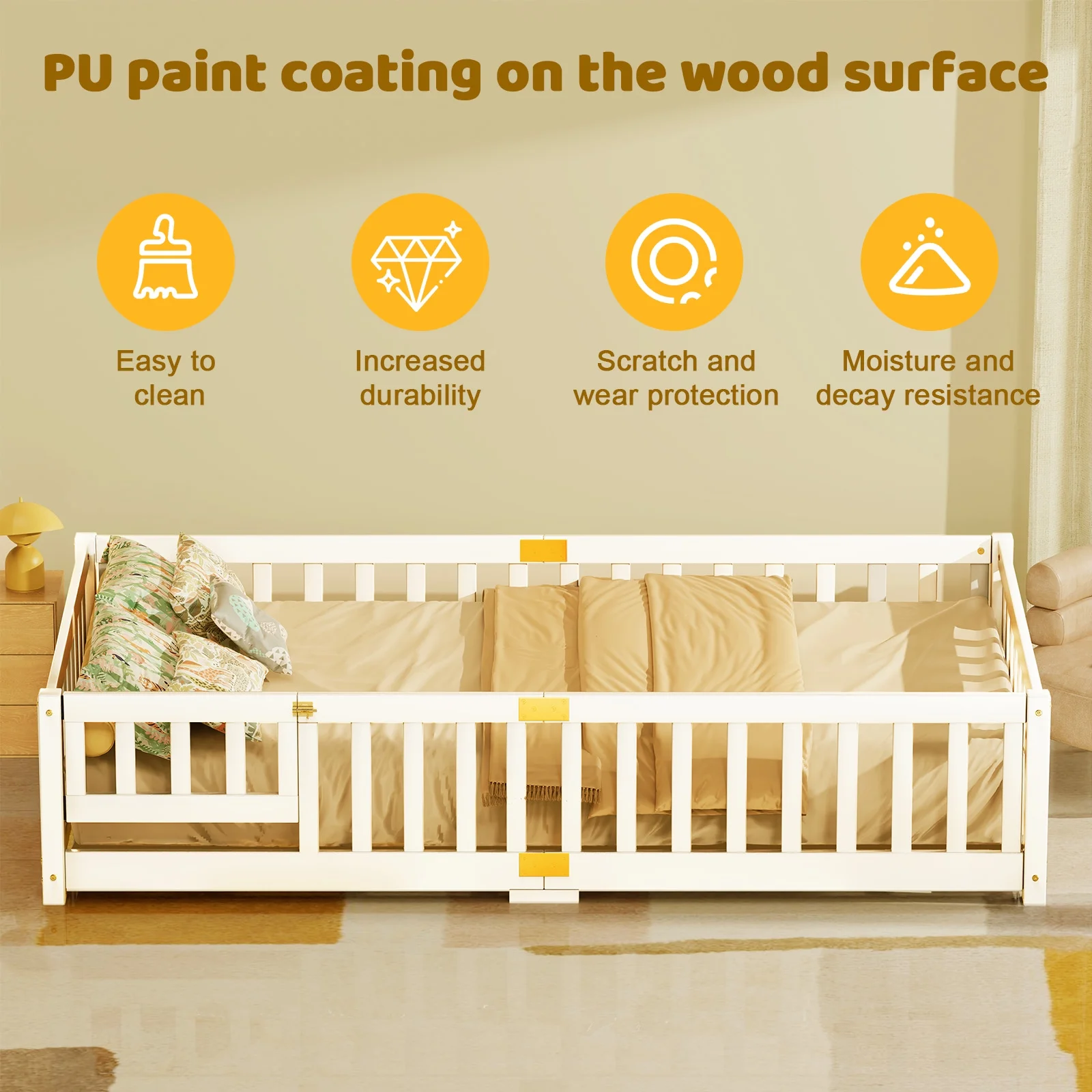 Slsy Twin Size Toddler Floor Bed, Solid Wood Montessori Bed Frame with Fence & Door Montessori Floor Bed Crib with Safety Guardrails for Girls and Boys - Image 4