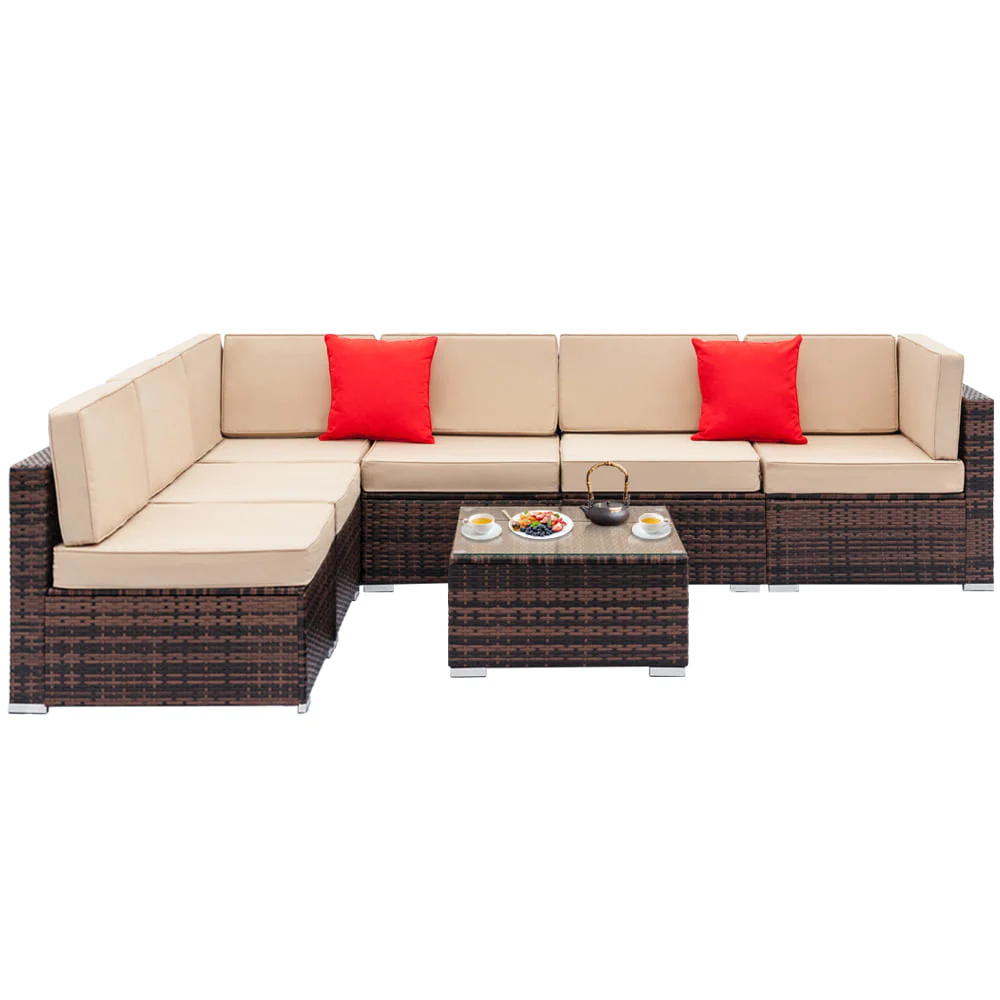 Wicker Patio Sofa Sets, 7 Pieces Outdoor Seating Sets, Lounge Sofa and Tempered Glass Coffee Table, Deck Front Garden Furniture Set, Brown Rattan + Beige Cushion - Image 5