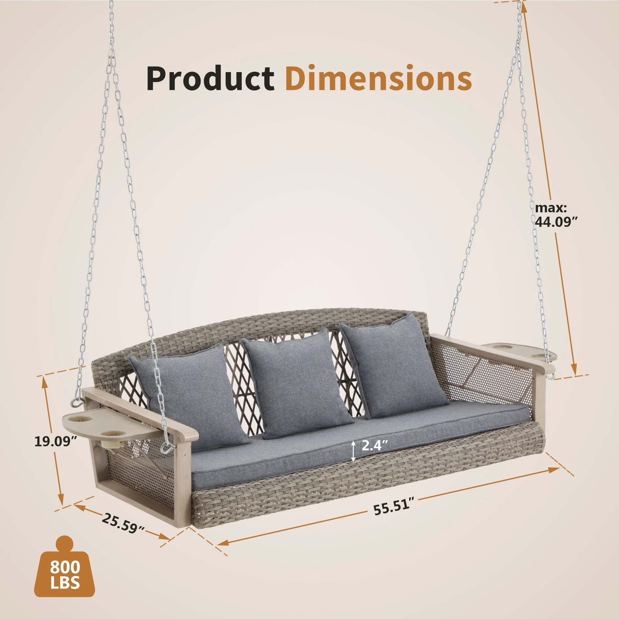 Homrest 3-Person Porch Swing 55in Wicker Hanging Swing Bench with Cushions and Cupholders for Deck, Garden and Backyard, Beige - Image 30