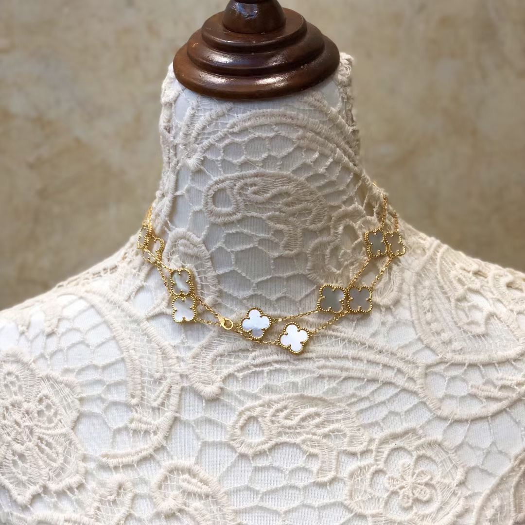 VCA Yellow Gold White Clover Vintage Alhambra Long Necklace, 20 Motifs - Original Replica Club