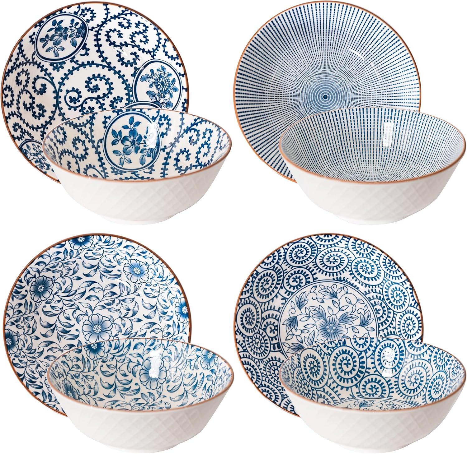 Ramen Bowls Set of 4, 40 oz Ramen Bowls, 8 Inch Ceramic Noodle Bowls for Pho, Soup & Udon, Blue and White Japanese Style, Microwave & Dishwasher Safe