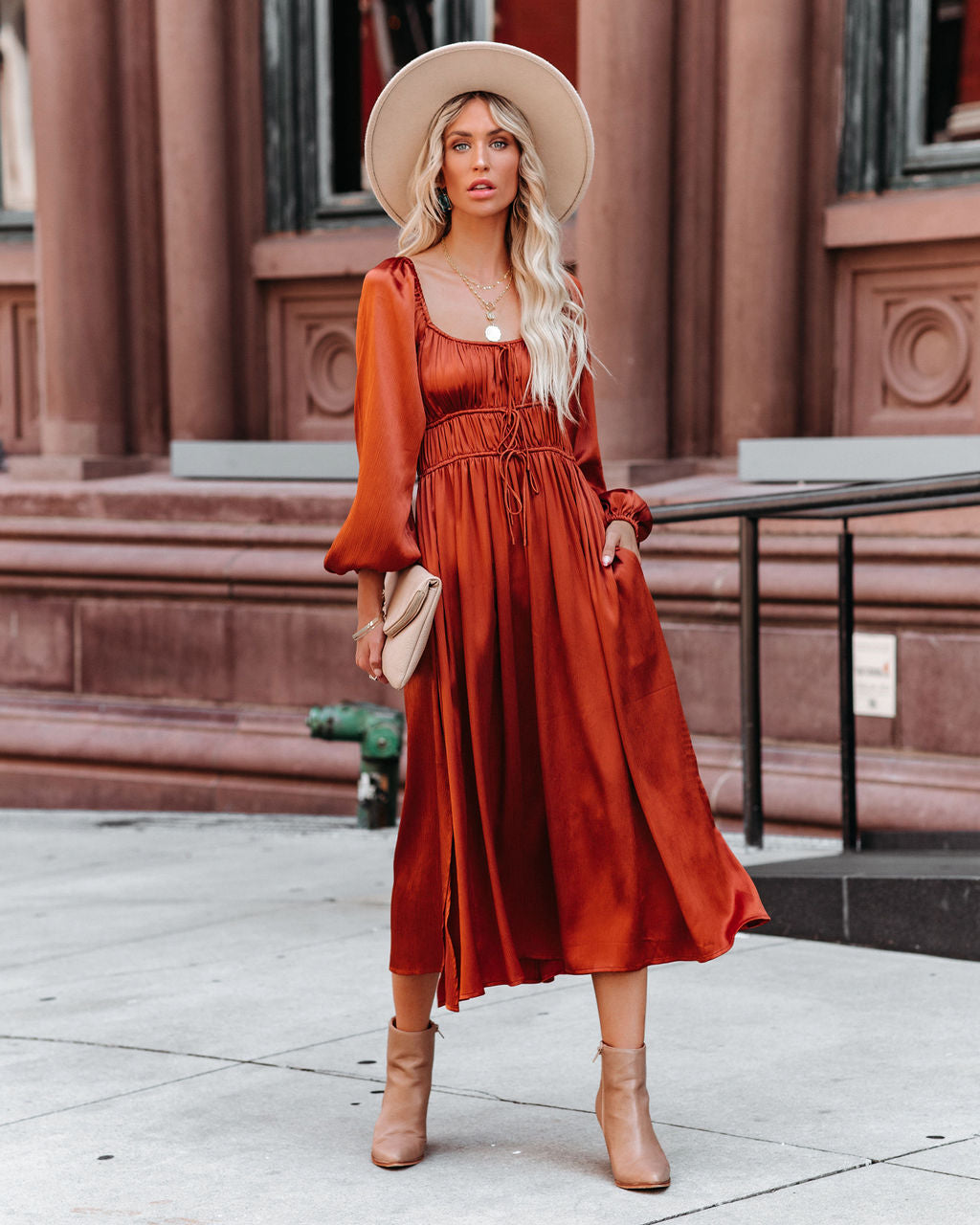 Pines Satin Pocketed Drawstring Midi Dress - Se7enfashion