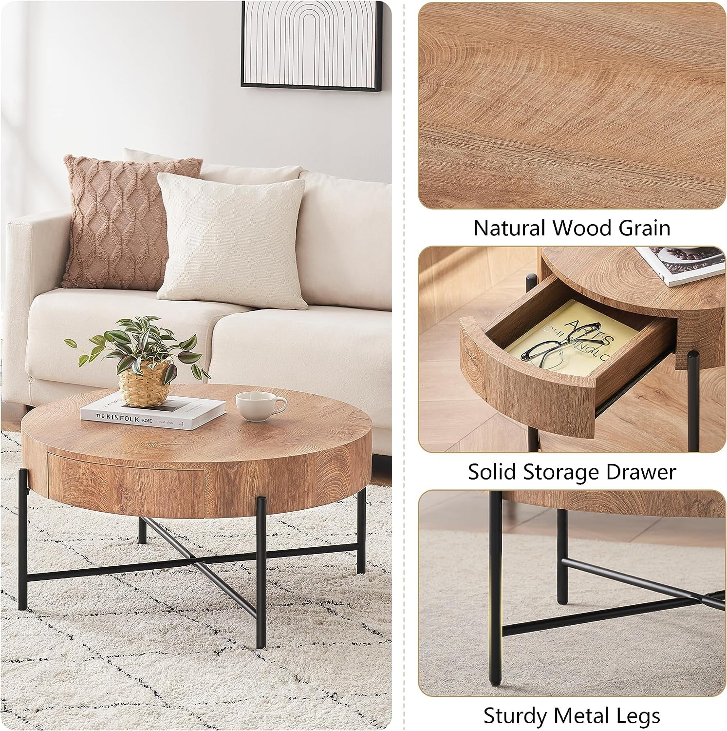 Round Coffee Table with Drawers Circle Living Room Table Wood Accent Coffee Table with Storage White Center Table (Natural) - Image 12