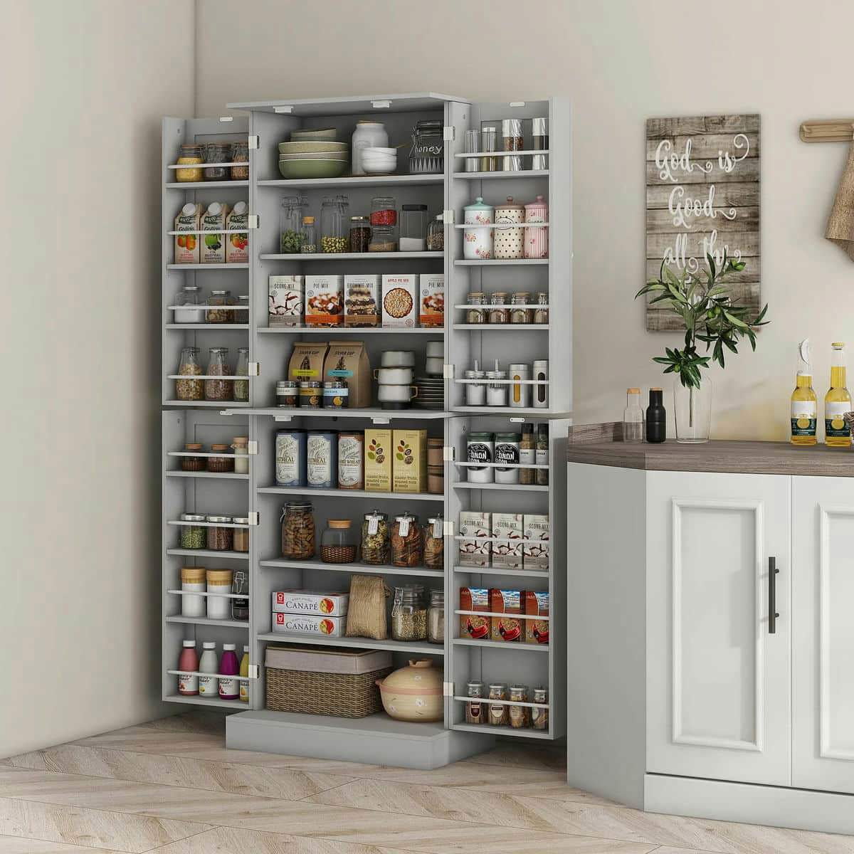 Spaco 17-Tier Kitchen Small Pantry Cabinet with 2 Doors and 6 Adjustable Shelves, Cabinet Pantry, Freestanding 5-Tier Shelving Pantries for Kitchen Storage, Gray - Image 61