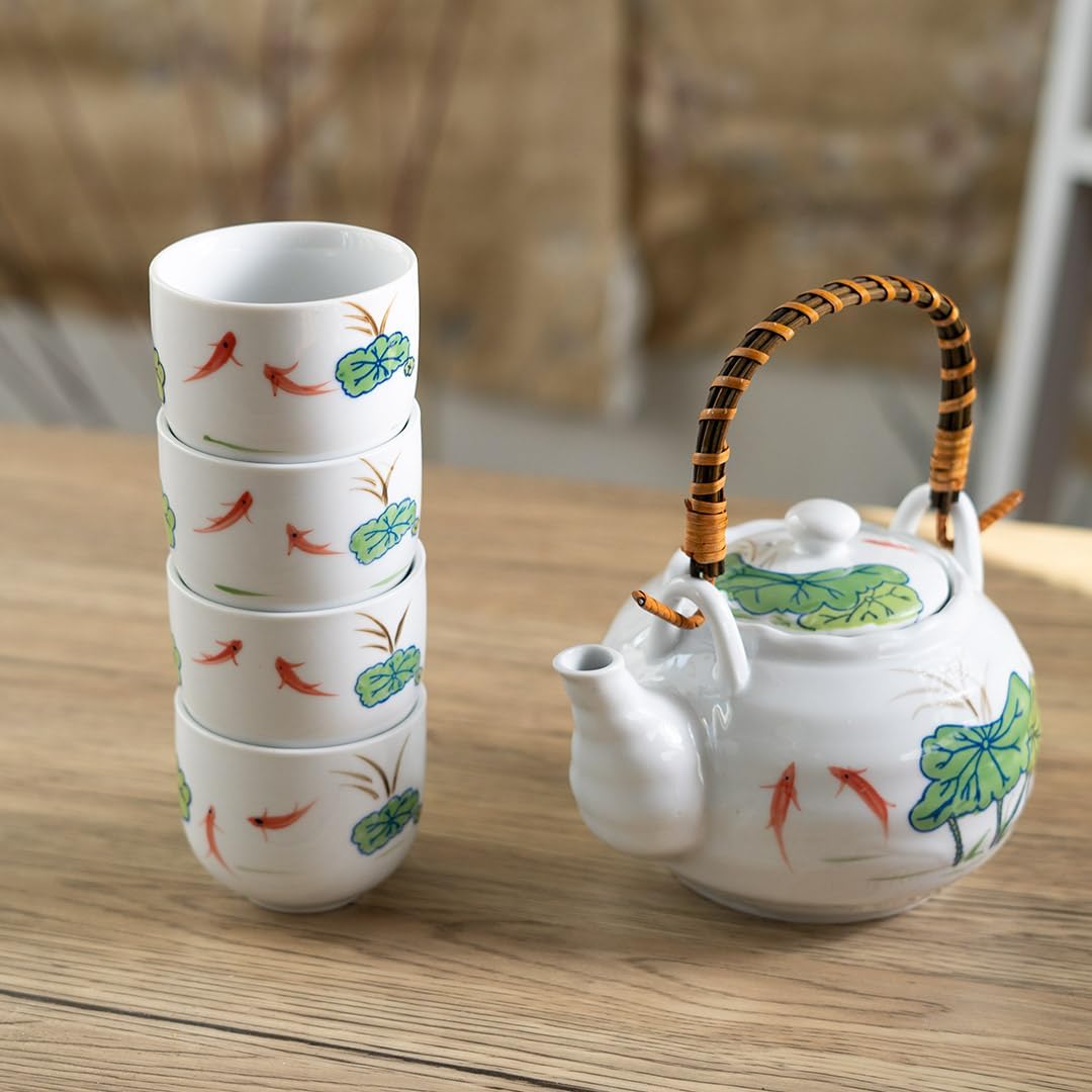 Japanese Style Porcelain Tea Set, 22 fl oz Teapot with 4 Cups, Koi Fish and Lotus Leaf Design, White, Top Pour Bamboo Handle