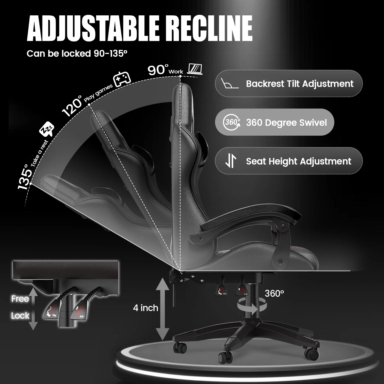 Bigzzia Gaming Chair Office Chair, Ergonomic Game Chair with Height Adjustable Headrest and Lumbar Support for Adults Teens, Black & White - Image 86