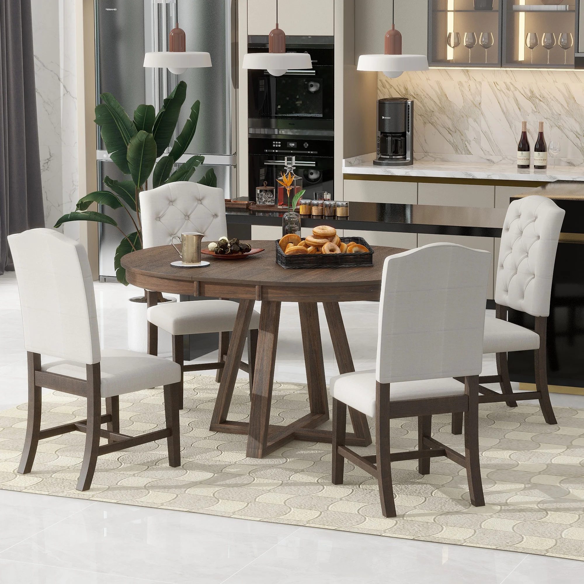5 Piece Round Dining Table Set, Dining Room Set with Extendable Table and 4 Upholstered Chairs, Wood Dining Table Set for 4, Farmhouse Dining Table Set for Kitchen Dining Room Dorm Apartment, Brown - Image 13