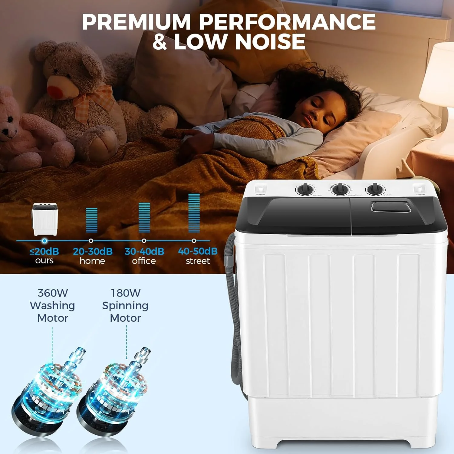 Qhomic Portable Washer 30lbs, 2-in-1 Twin Tub Washer & Dryer Combo Compact Semi-Automatic Washing Machine with Drain Pump, Black - Image 8