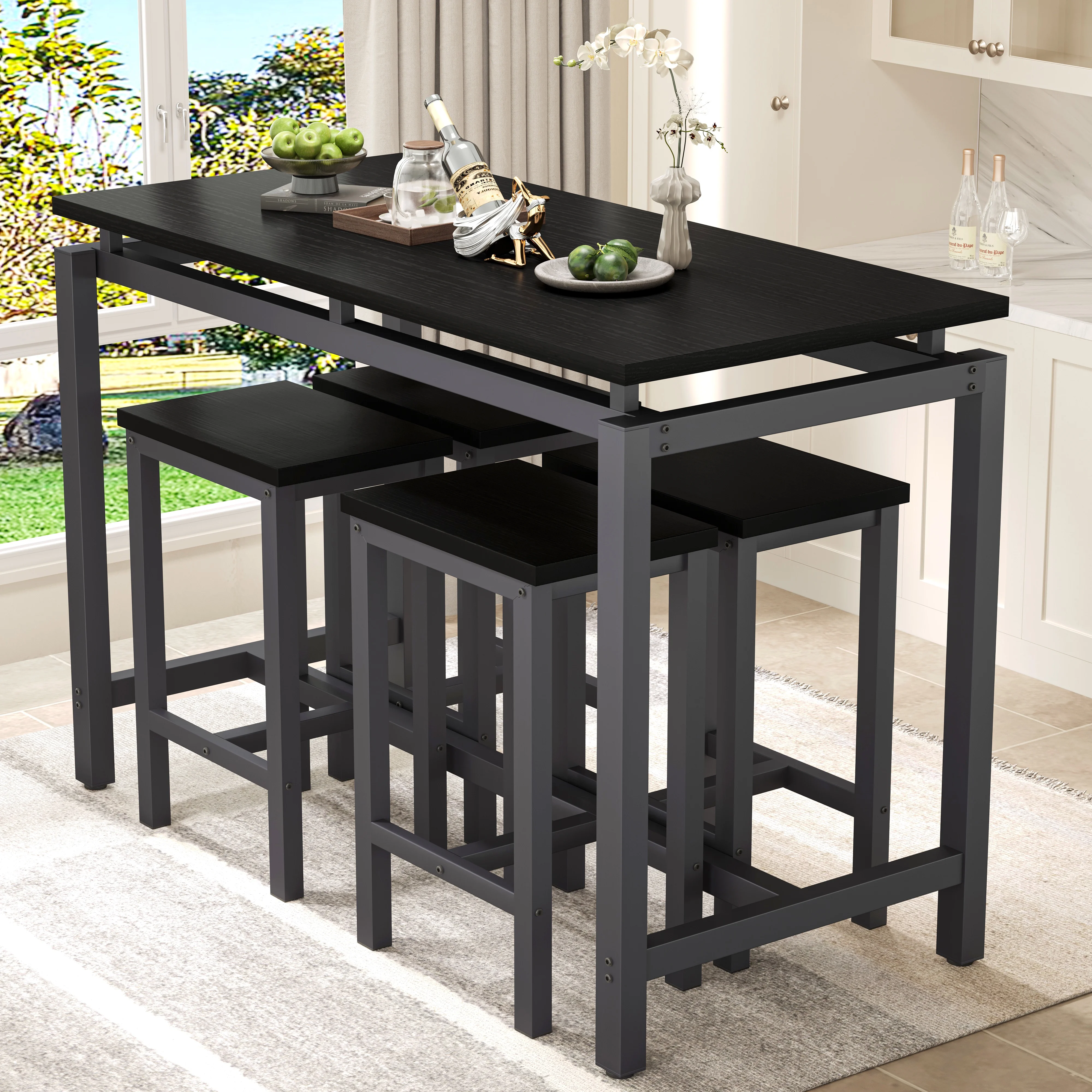 Counter Height Table Set of 5, Breakfast Bar Table and Stool Set, Minimalist Dining Table with Backless Stools, Wood Top Pub Table & Chair Set for Kitchen Apartment Bistro - Space Saving - Image 53