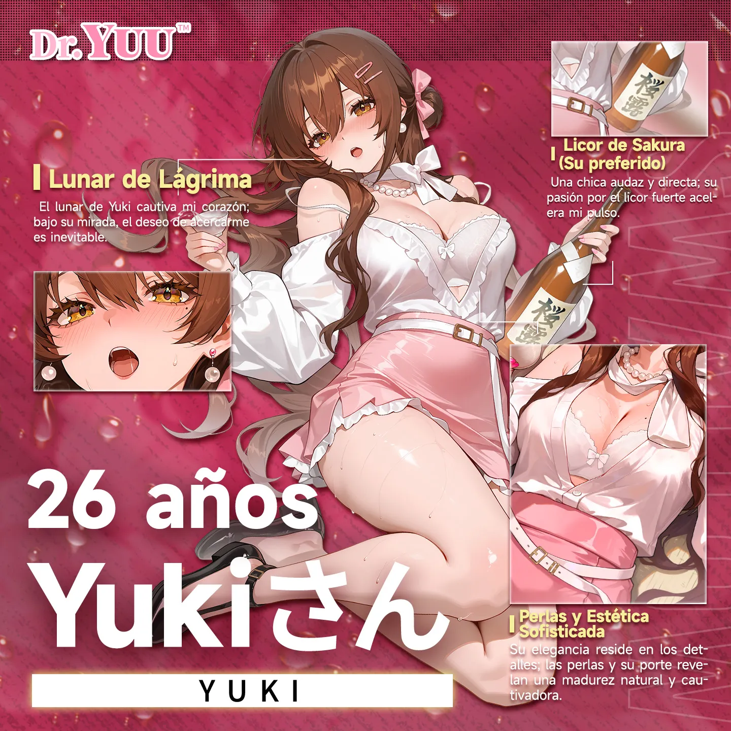 Perfil de Yuki, la waifu madura de 26 años, en el empaque oficial del juguete sexual Dr.YUU