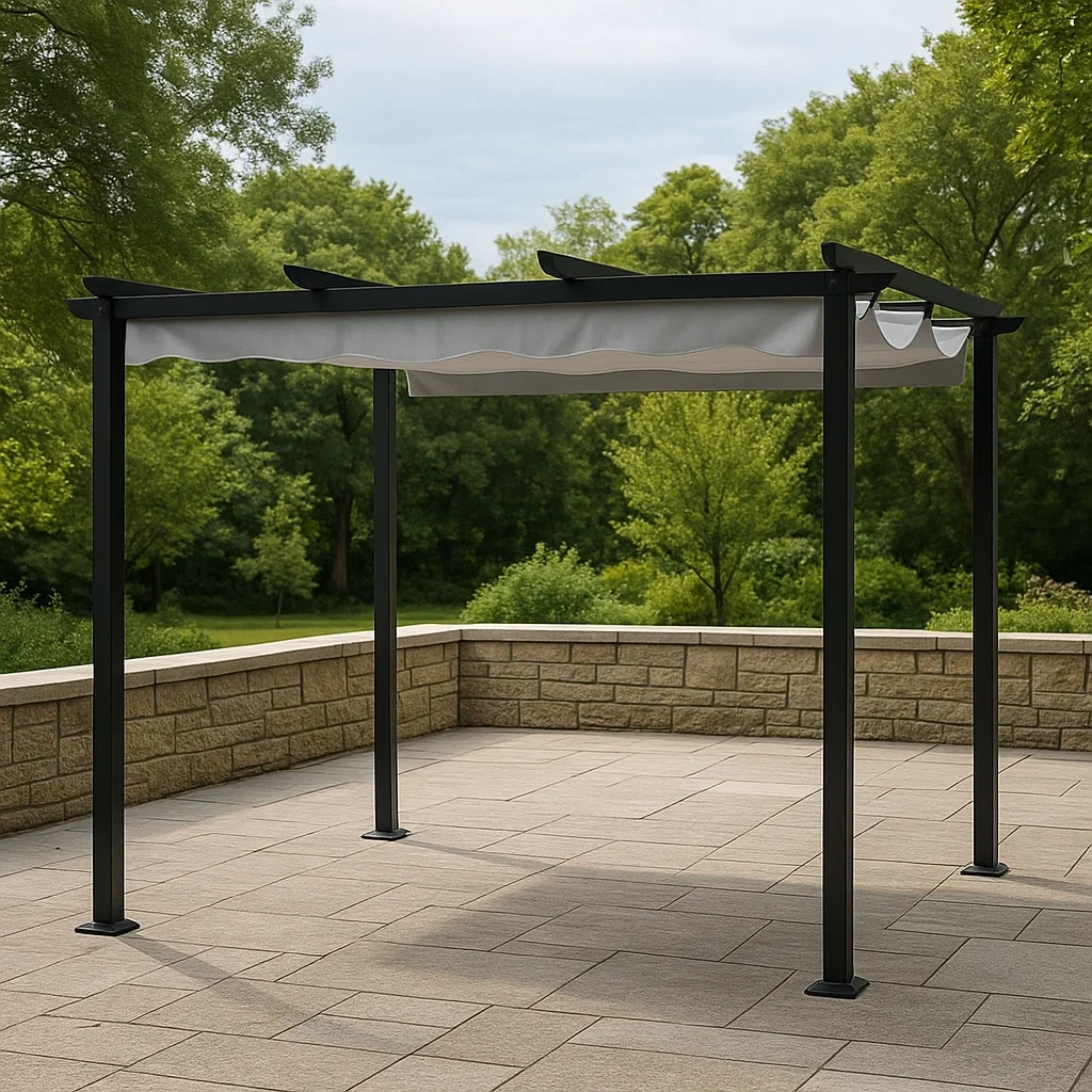 Pérgola rectangular,metal,negro,techo retráctil,instalación fija,300x250x260 cm,para jardín o terraza - L7S50nKuXjKO