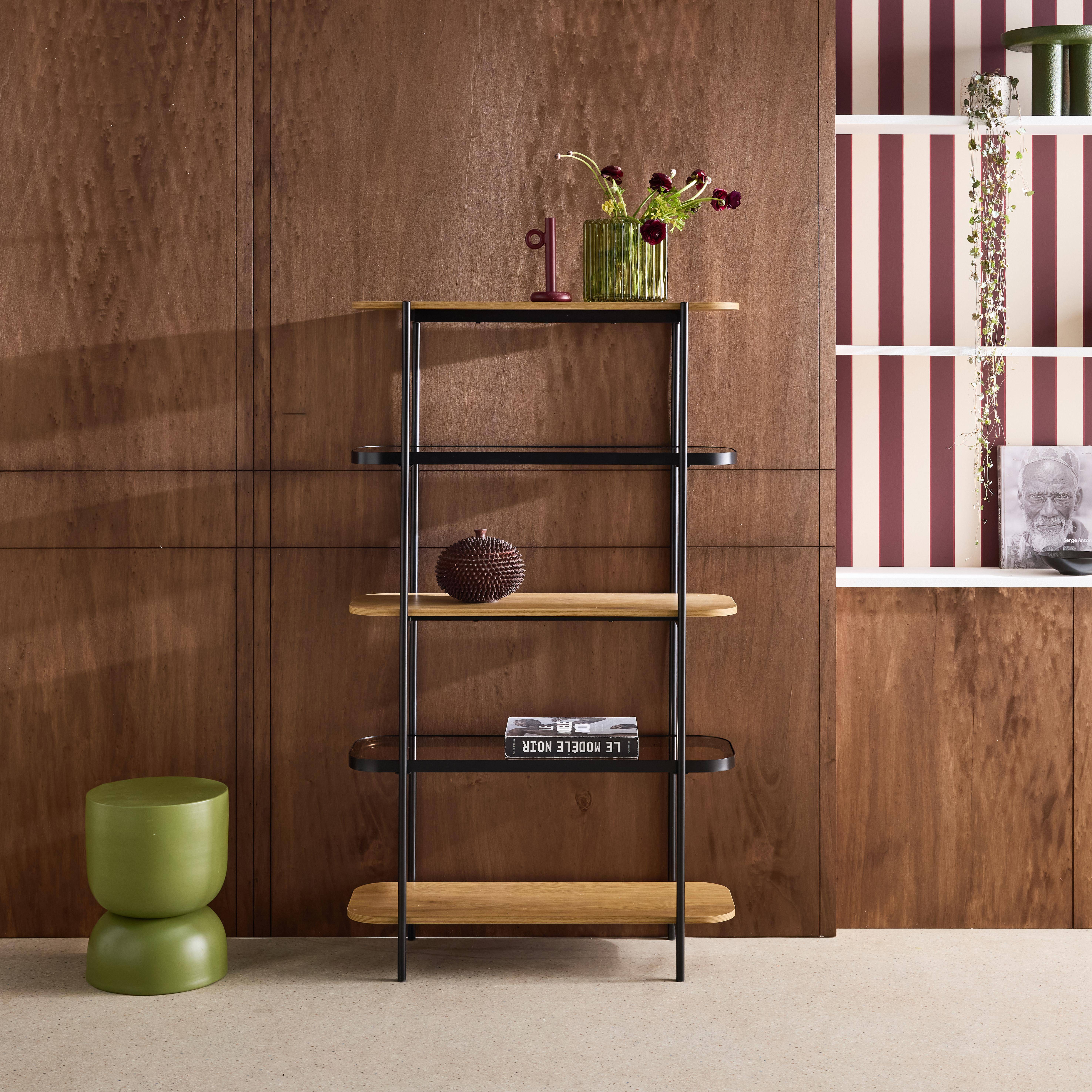 Smooky - Estantería librería de vidrio, decoración de madera y metal, 5 niveles