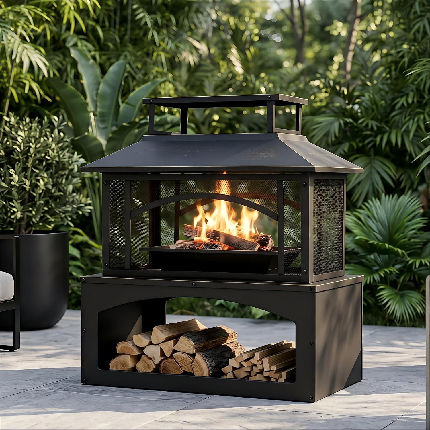 Aoxun 36" Outdoor Fire Pit with Wood Storage, Steel Wood Burning Fireplace with Mesh Spark Screen & Poker, Patio Heater with Removable Ash Pan for Backyard, Garden, Deck - image 2