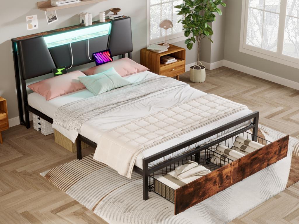 Cama 140 x 200 cm con estante de almacenamiento- Toma USB Nidolux- y MDF- Marrón