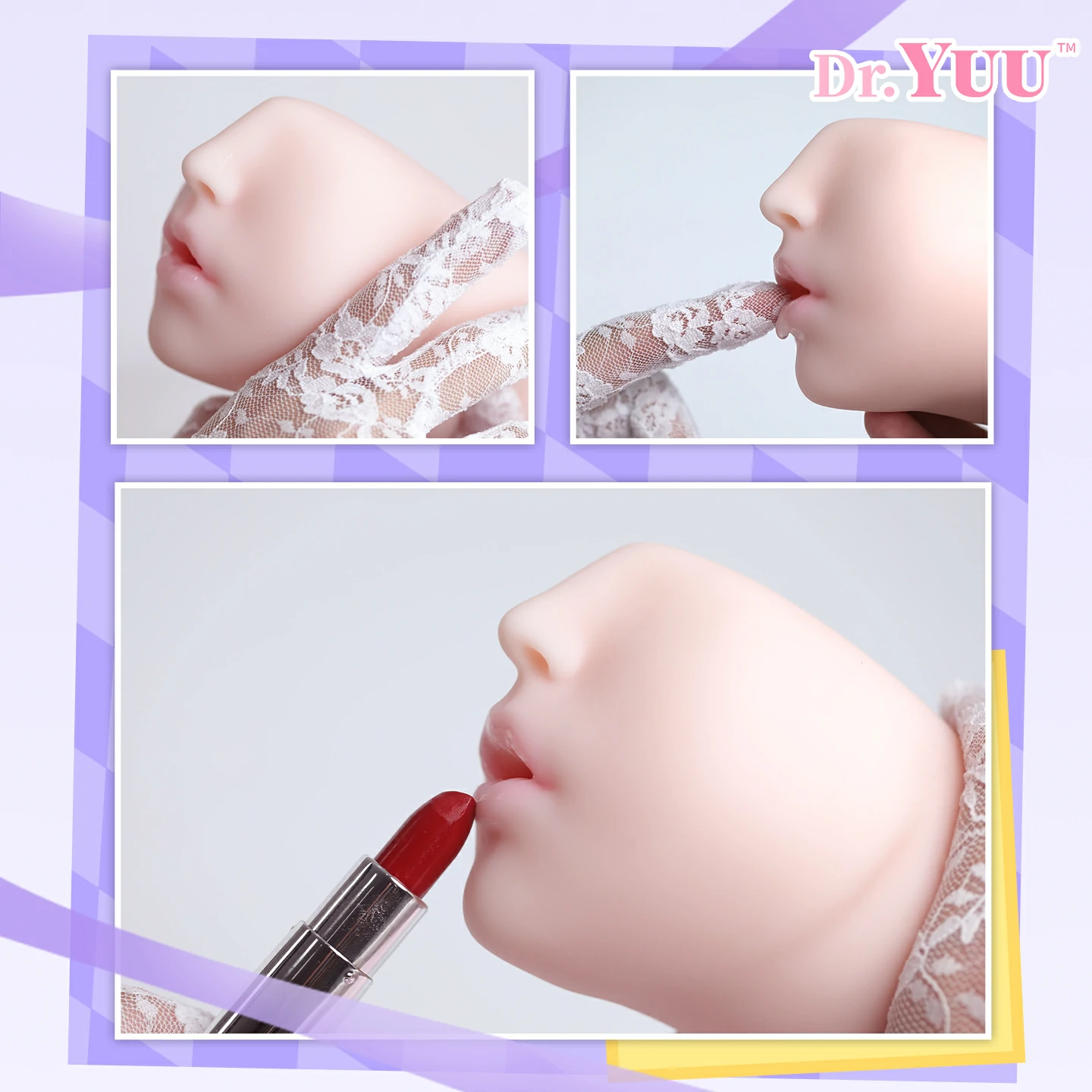 Produktdetails der realistischen Mundform mit weichen Lippen, Fingerkontakt und Lippenstift