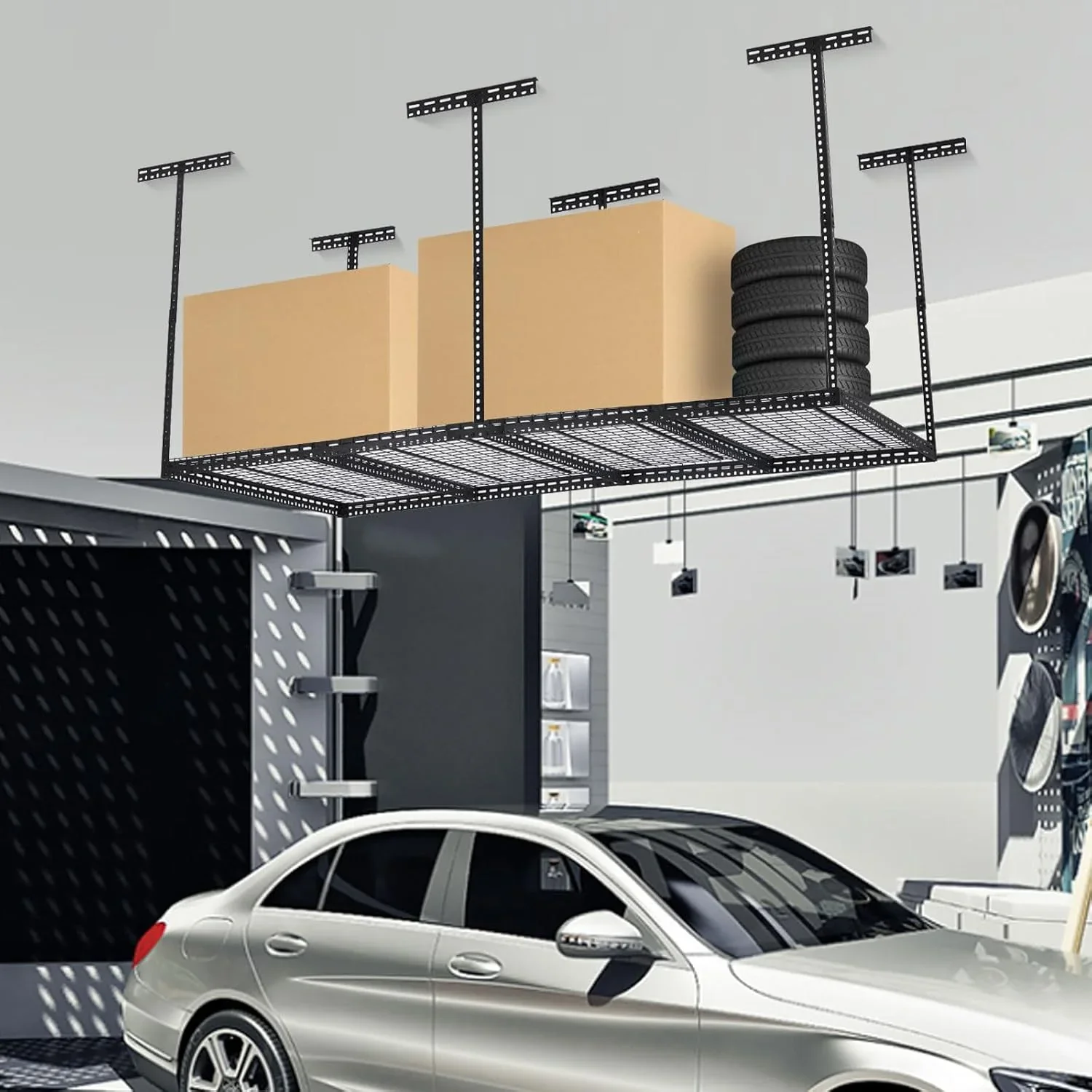 Pinypikaka 4'x8' Overhead Garage Storage Rack, 22"-40" Height Adjustable Ceiling Storage Rack 660lbs Weight Capacity
